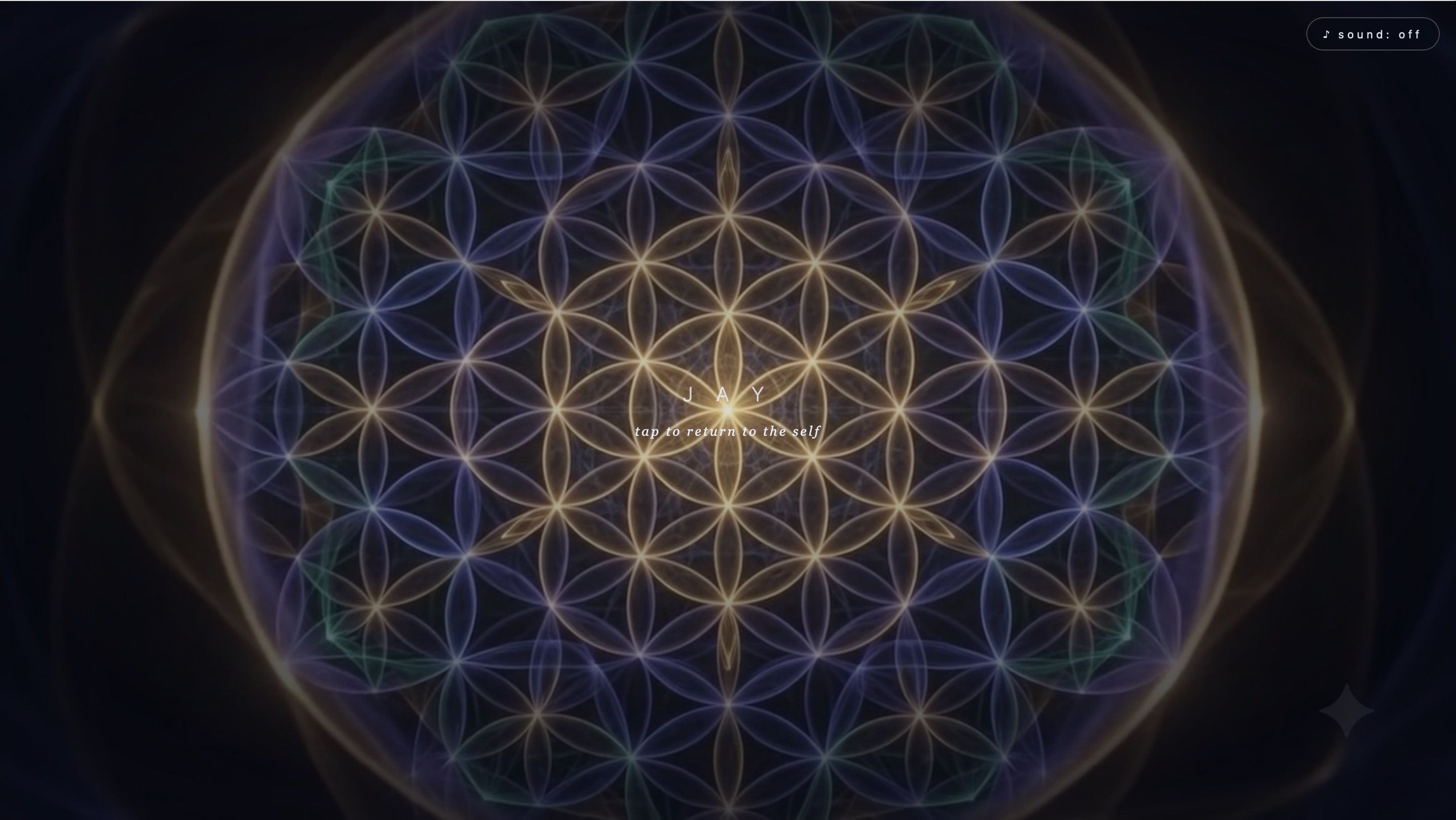 JAY Quests — Flower of Life mandala on black, 'tap to return to the self' home screen